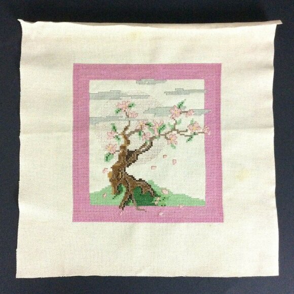 Asian Cherry Blossom Tree Finished Counted Cross Stitch On Canvas - Picture 1 of 5